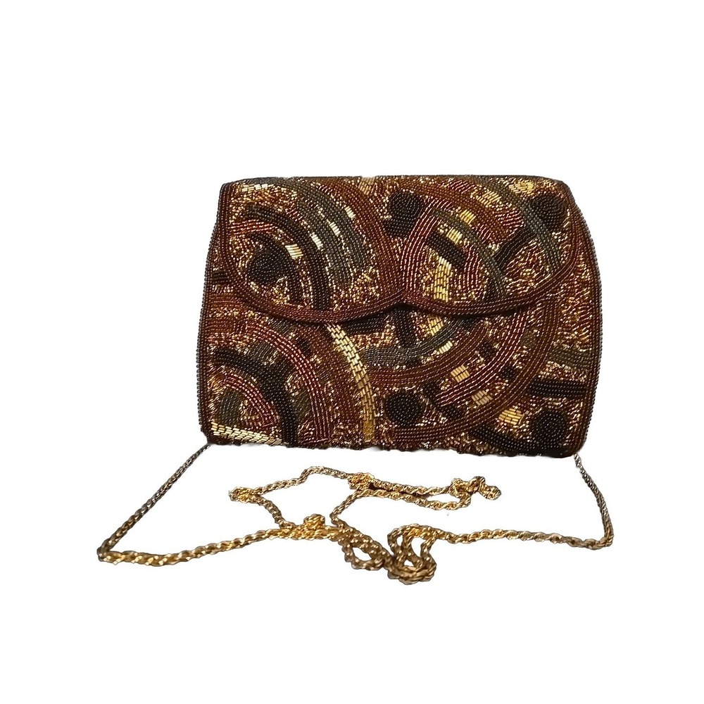 Beaded Evening Bag with Touches of Black Gold and Brown Manetic Closure Japan‎